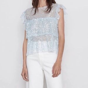 ZARA Sequin Ruffle Top Blue